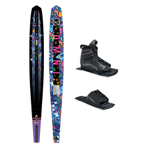 Top and base view of Future Omni Jungle ski with colorful tropical design, shown with UltraLite boot and toe plate.