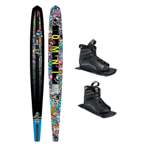 Top and base view of Future Omni Wacky Toons ski with comic-style graphics, shown with two UltraLite boots.