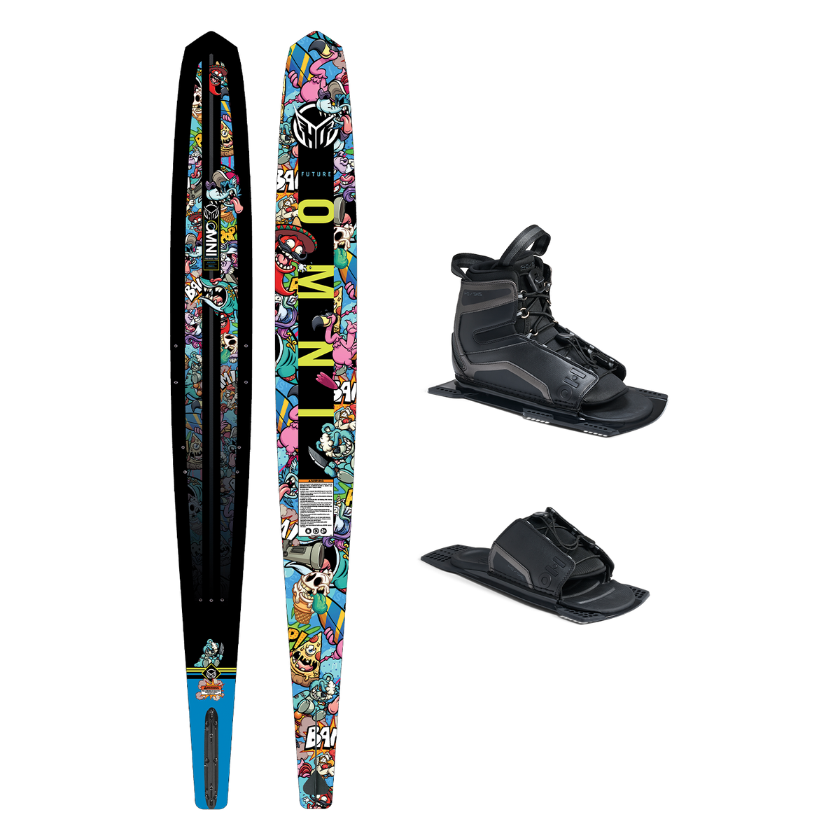 Top and base view of Future Omni Wacky Toons ski with comic-style graphics, shown with UltraLite boot and toe plate.
