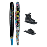 Top and base view of Future Omni Wacky Toons ski with comic-style graphics, shown with UltraLite boot and toe plate.