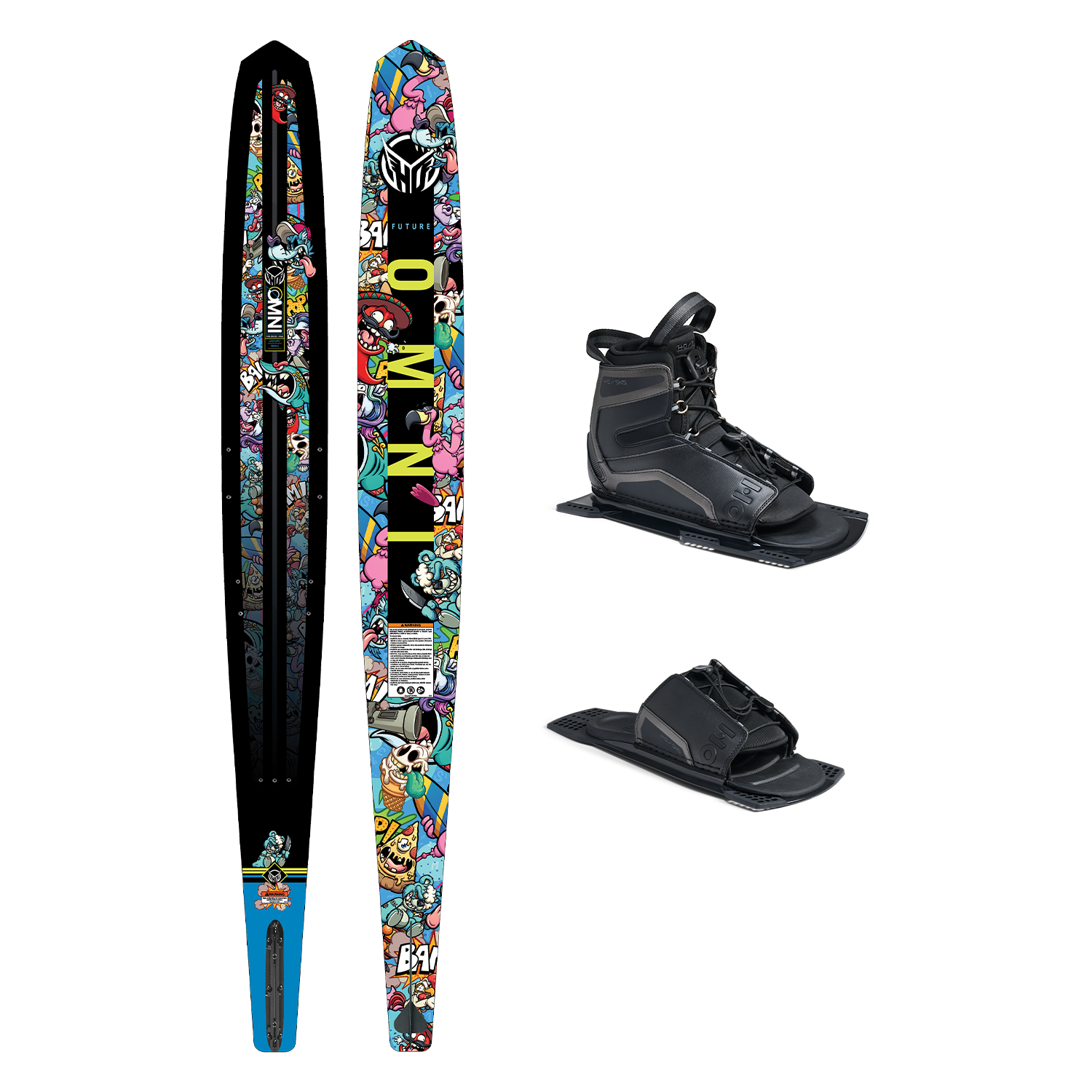 Top and base view of Future Omni Wacky Toons ski with comic-style graphics, shown with UltraLite boot and toe plate.