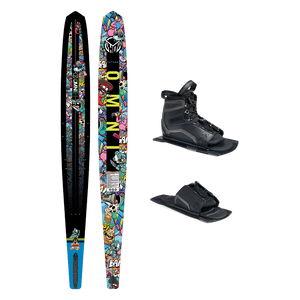 Top and base view of Future Omni Wacky Toons ski with comic-style graphics, shown with UltraLite boot and toe plate.
