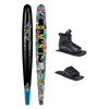 Top and base view of Future Omni Wacky Toons ski with comic-style graphics, shown with UltraLite boot and toe plate.
