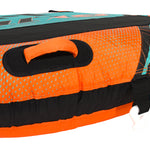 Detail view of Glide 2 Tube orange grab handles and tow strap on patterned side panel.