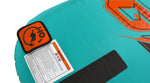 Close-up view of Glide 2 Tube orange HO logo patch and warning label on teal fabric.
