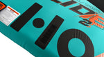 Close-up view of Glide 2 Tube large black HO logo printed on teal surface.