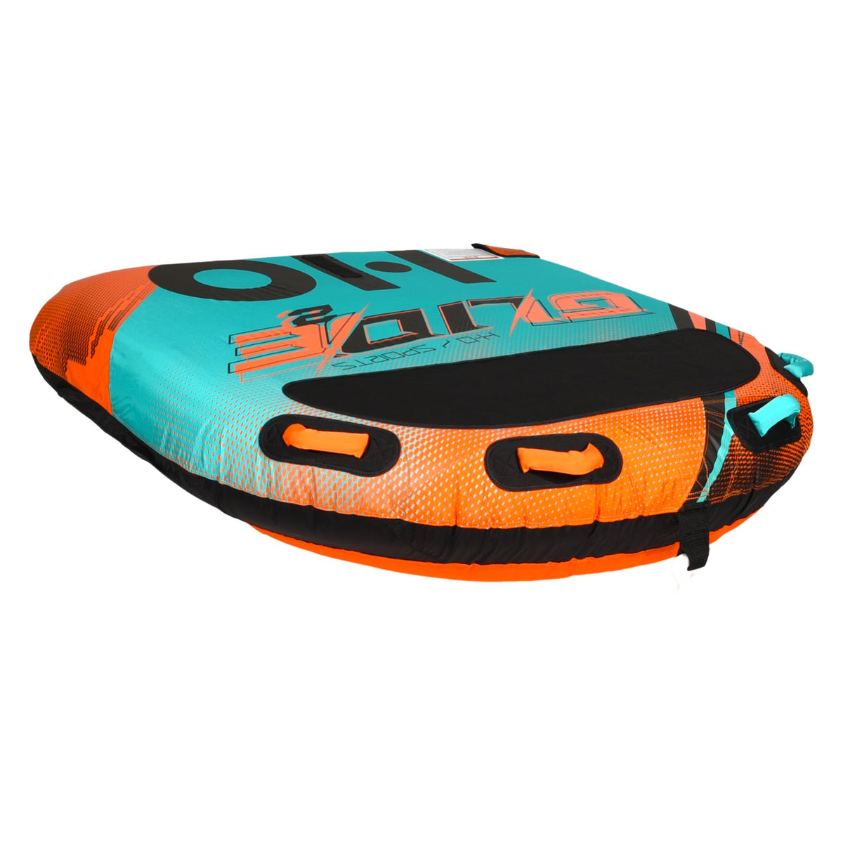 Angled view of the Glide 2 Tube in teal and orange with a black center pad and orange grab handles.