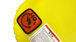 Close-up view of Glide 3 Tube logo patch and warning label on yellow fabric.