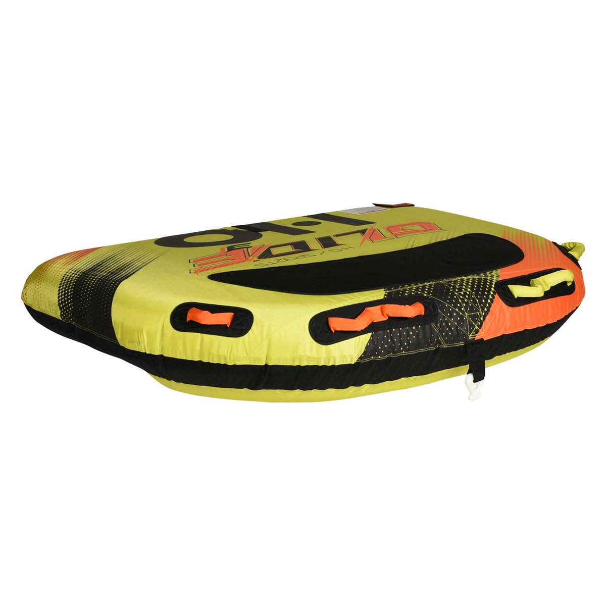 Angled view of the Glide 3 Tube in yellow, orange, and black with a black center pad and orange grab handles.