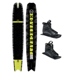 Top and base view of Hovercraft Camo ski with black and yellow design, shown with two UltraLite boots.