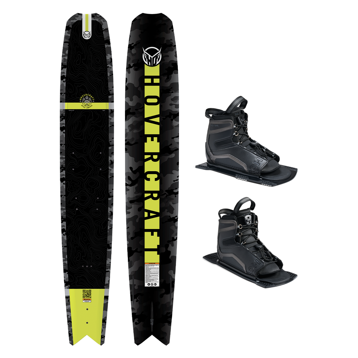 Top and base view of Hovercraft Camo ski with black and yellow design, shown with two UltraLite boots.