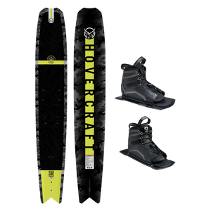 Top and base view of Hovercraft Camo ski with black and yellow design, shown with two UltraLite boots.