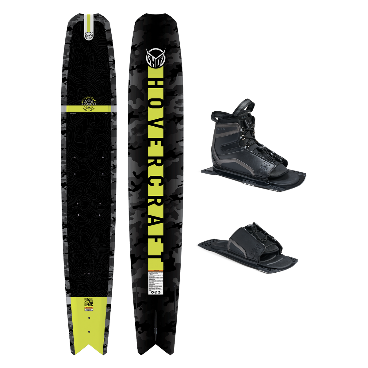 Top and base view of Hovercraft Camo ski with black and yellow design, shown with UltraLite boot and toe plate.