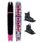 Top and base view of Hovercraft Pink ski with black and multicolor pattern, shown with two UltraLite boots.