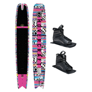 Top and base view of Hovercraft Pink ski with black and multicolor pattern, shown with two UltraLite boots.