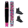 Top and base view of Hovercraft Pink ski with black and multicolor pattern, shown with two UltraLite boots.