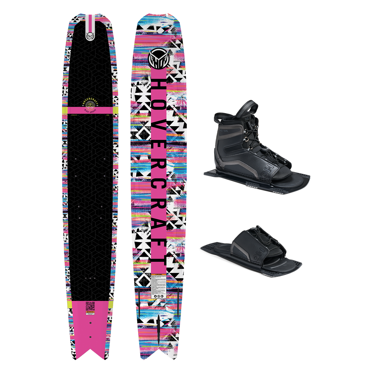 Top and base view of Hovercraft Pink ski with black and multicolor pattern, shown with UltraLite boot and toe plate.