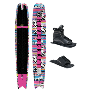 Top and base view of Hovercraft Pink ski with black and multicolor pattern, shown with UltraLite boot and toe plate.