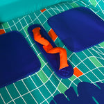 Detail view of Laguna 2 Tube interior with blue seat pads and orange handle.