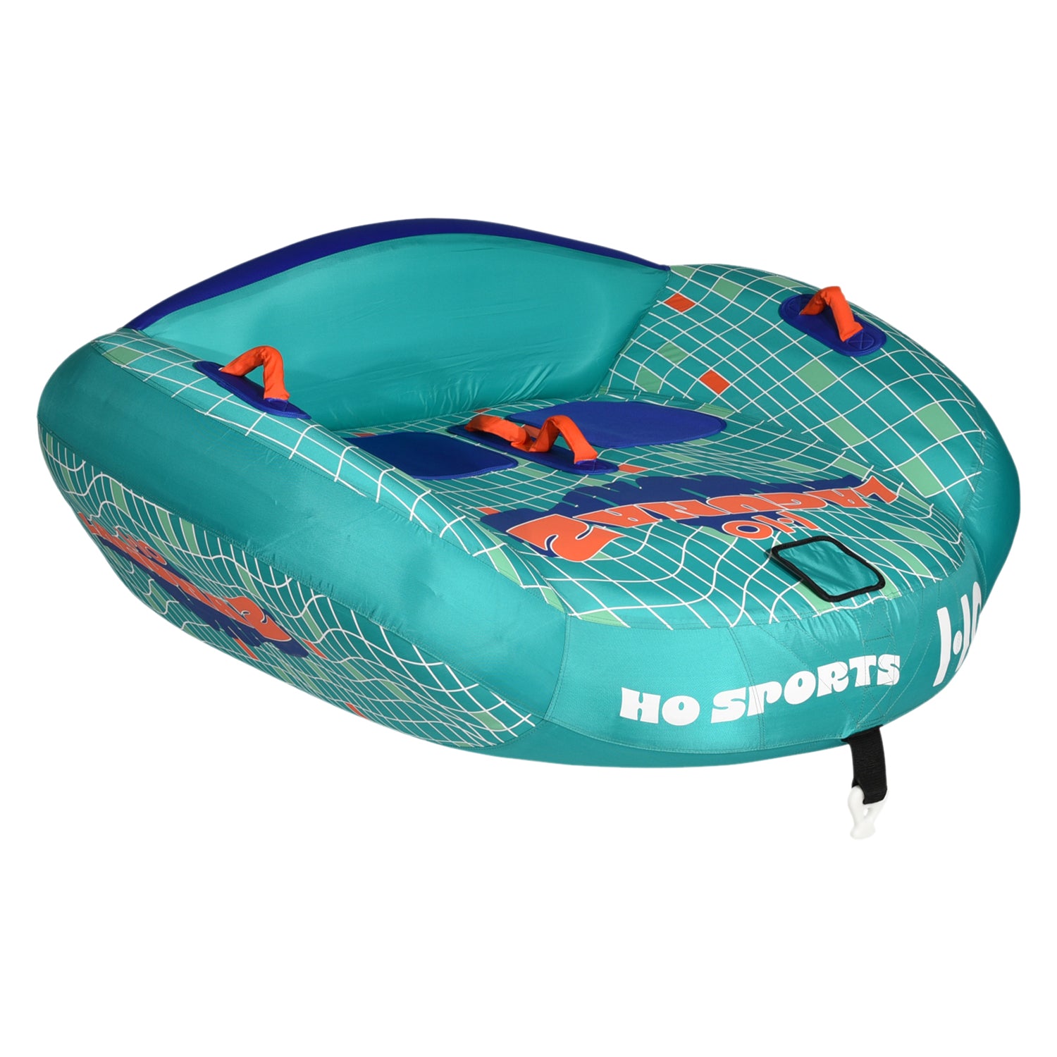 Angled side view of Laguna 2 Tube showing tow point and colorful patterned design.
