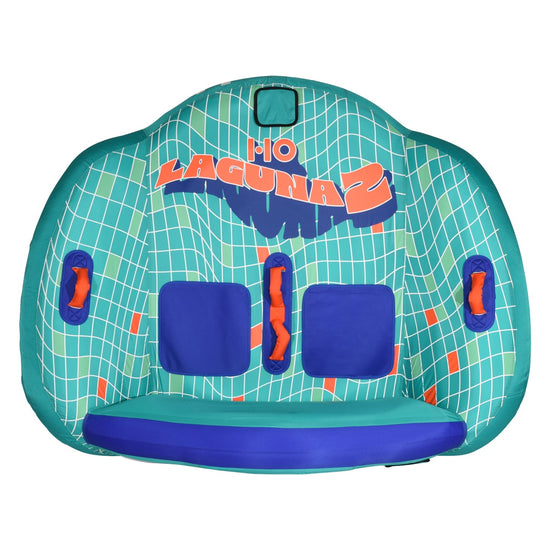 Top view of the Laguna 2 Tube in teal with a white grid pattern, orange handles, and blue seat panels.