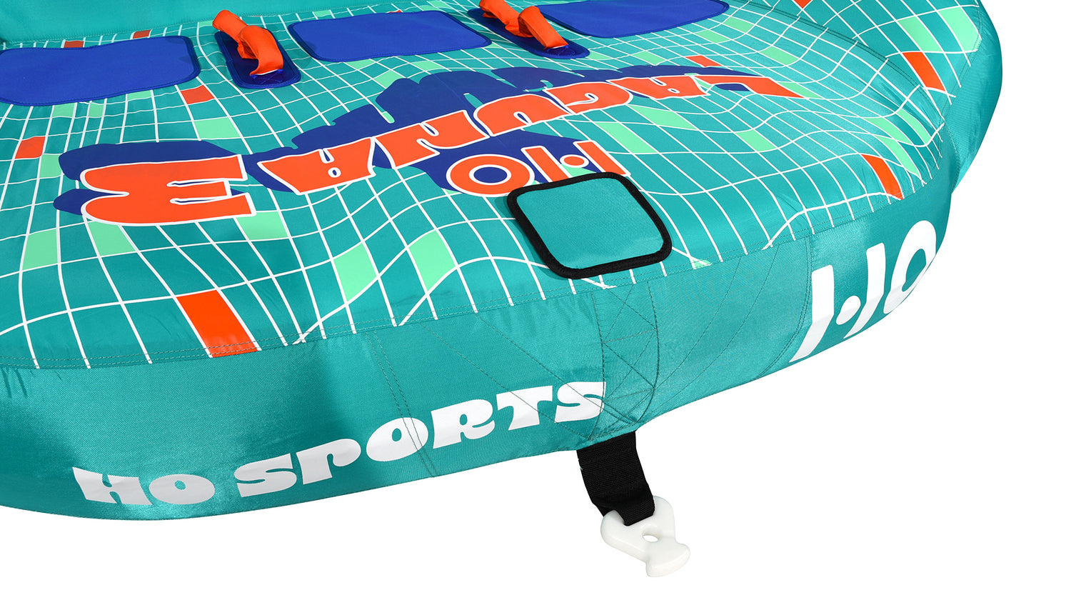 Close-up angled view of Laguna 3 Tube front tow point and logo design.