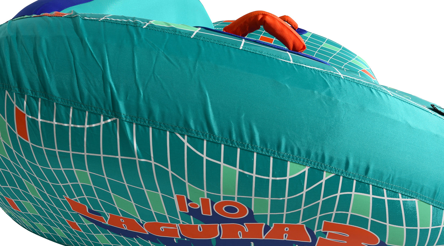 Side view of Laguna 3 Tube with teal fabric, orange handle, and logo print.