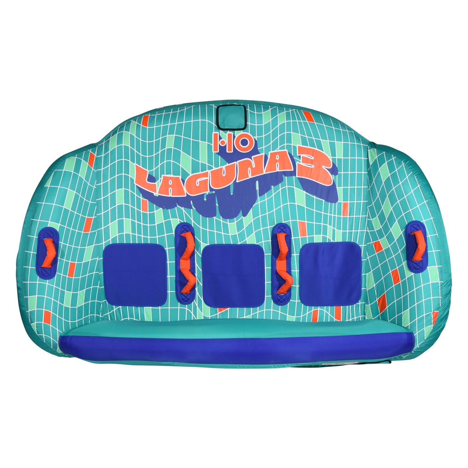 Front view of Laguna 3 Tube in teal and blue with orange handles and grid design.