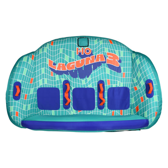 Top view of the Laguna 3 Tube in teal with a white grid pattern, orange handles, and blue seat panels.