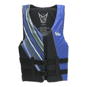 Front view of Mens Infinite Vest - Tall in black and blue with striped detailing and dual buckle straps.