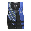 Front view of Mens Infinite Vest - Tall in black and blue with striped detailing and dual buckle straps.