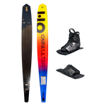 Top and base view of Omni Ultra Black ski with yellow to blue fade, shown with ATOP boot and toe plate.