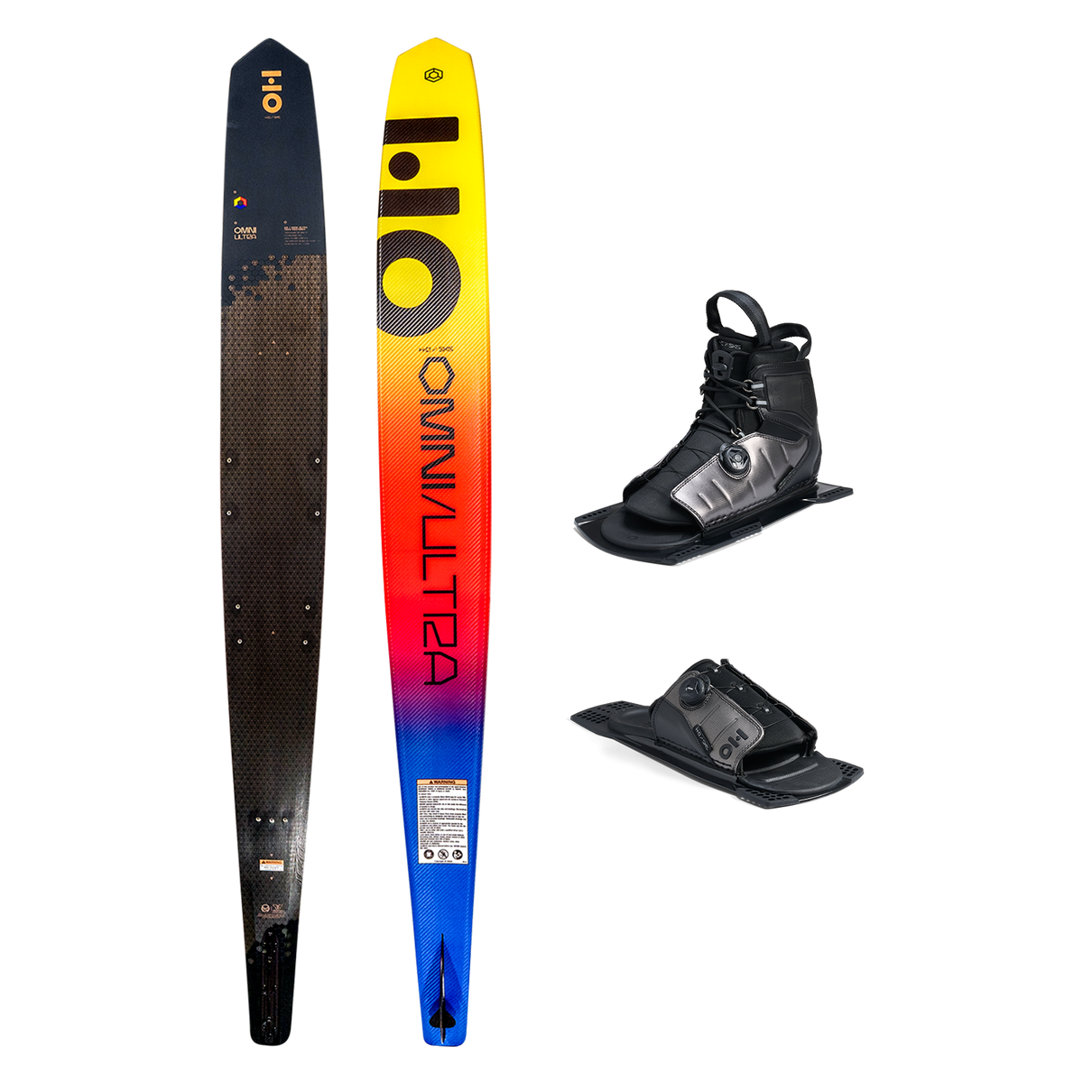 Top and base view of Omni Ultra Black ski with yellow to blue fade, shown with ATOP boot and toe plate.