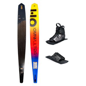 Top and base view of Omni Ultra Black ski with yellow to blue fade, shown with ATOP boot and toe plate.