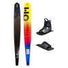 Top and base view of Omni Ultra Black ski with yellow to blue fade, shown with ATOP boot and toe plate.