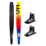 Top and base view of Omni Ultra Black ski with yellow to blue fade, shown with two ATOP boots.