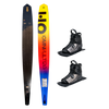 Top and base view of Omni Ultra Black ski with yellow to blue fade, shown with two ATOP boots.