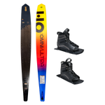 Top and base view of Omni Ultra Black ski with yellow to blue fade, shown with two UltraLite boots.