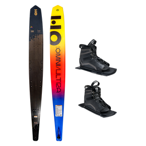 Top and base view of Omni Ultra Black ski with yellow to blue fade, shown with two UltraLite boots.