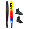 Top and base view of Omni Ultra Black ski with yellow to blue fade, shown with two UltraLite boots.