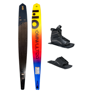 Top and base view of Omni Ultra Black ski with yellow to blue fade, shown with UltraLite boot and toe plate.
