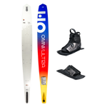 Top and base view of Omni Ultra White ski with yellow to blue fade, shown with ATOP boot and toe plate.
