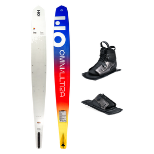 Top and base view of Omni Ultra White ski with yellow to blue fade, shown with ATOP boot and toe plate.