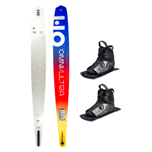 Top and base view of Omni Ultra White ski with yellow to blue fade, shown with two ATOP boots.