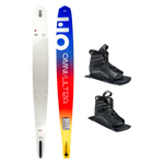 Top and base view of Omni Ultra White ski with yellow to blue fade, shown with two UltraLite boots.