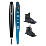 Top and base view of Omni ski in blue and black, shown with two UltraLite boots.