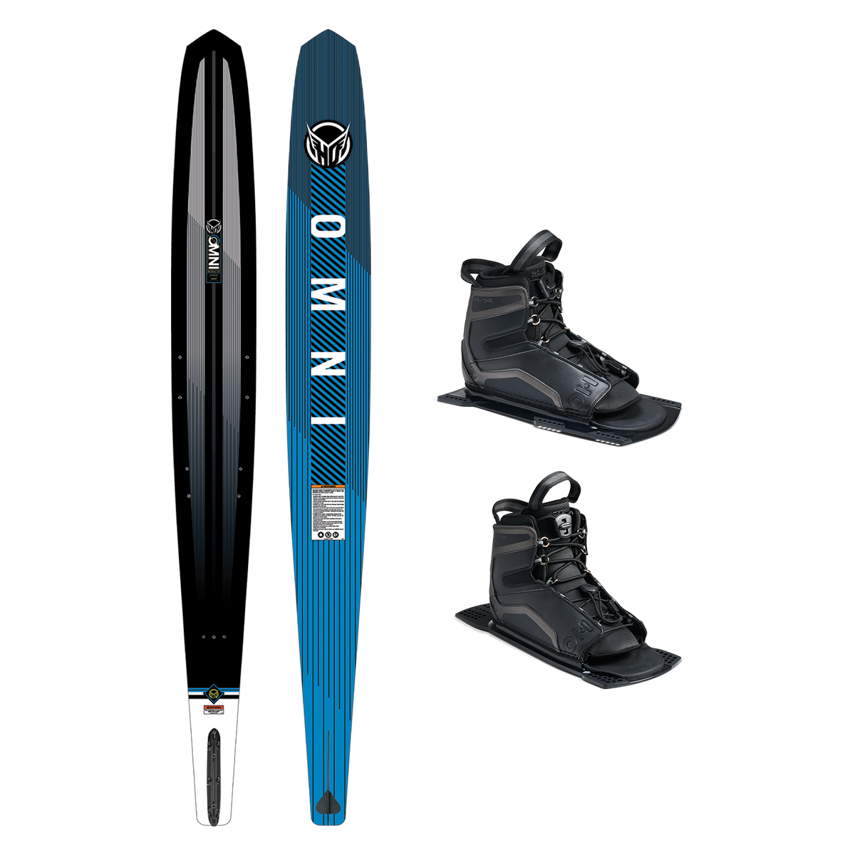 Top and base view of Omni ski in blue and black, shown with two UltraLite boots.