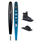 Top and base view of Omni ski in blue and black, shown with UltraLite boot and rear toe plate.