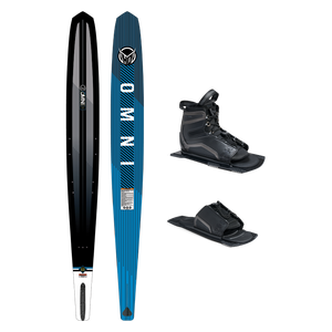 Top and base view of Omni ski in blue and black, shown with UltraLite boot and rear toe plate.