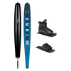 Top and base view of Omni ski in blue and black, shown with UltraLite boot and rear toe plate.